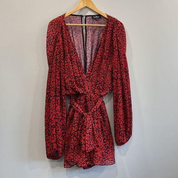 Lulus Camile Black and Red Leopard Print Pleated Romper Sz S - Picture 7 of 16